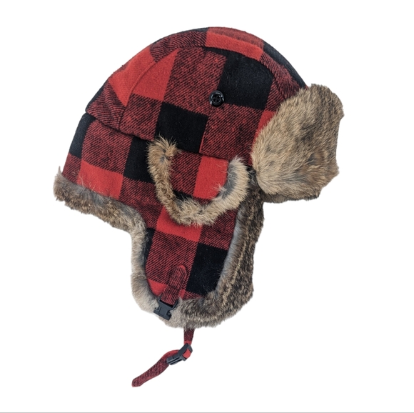 Crown Cap Fur Winter Trapper Hat 100% Rabbit Fur Wool Buffalo Check Size Medium - Picture 2 of 8